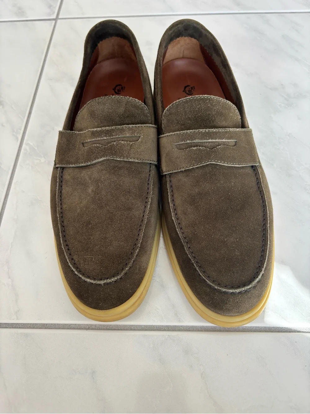 Loro Piana Olive Suede Penny Loafers with Gum Sole